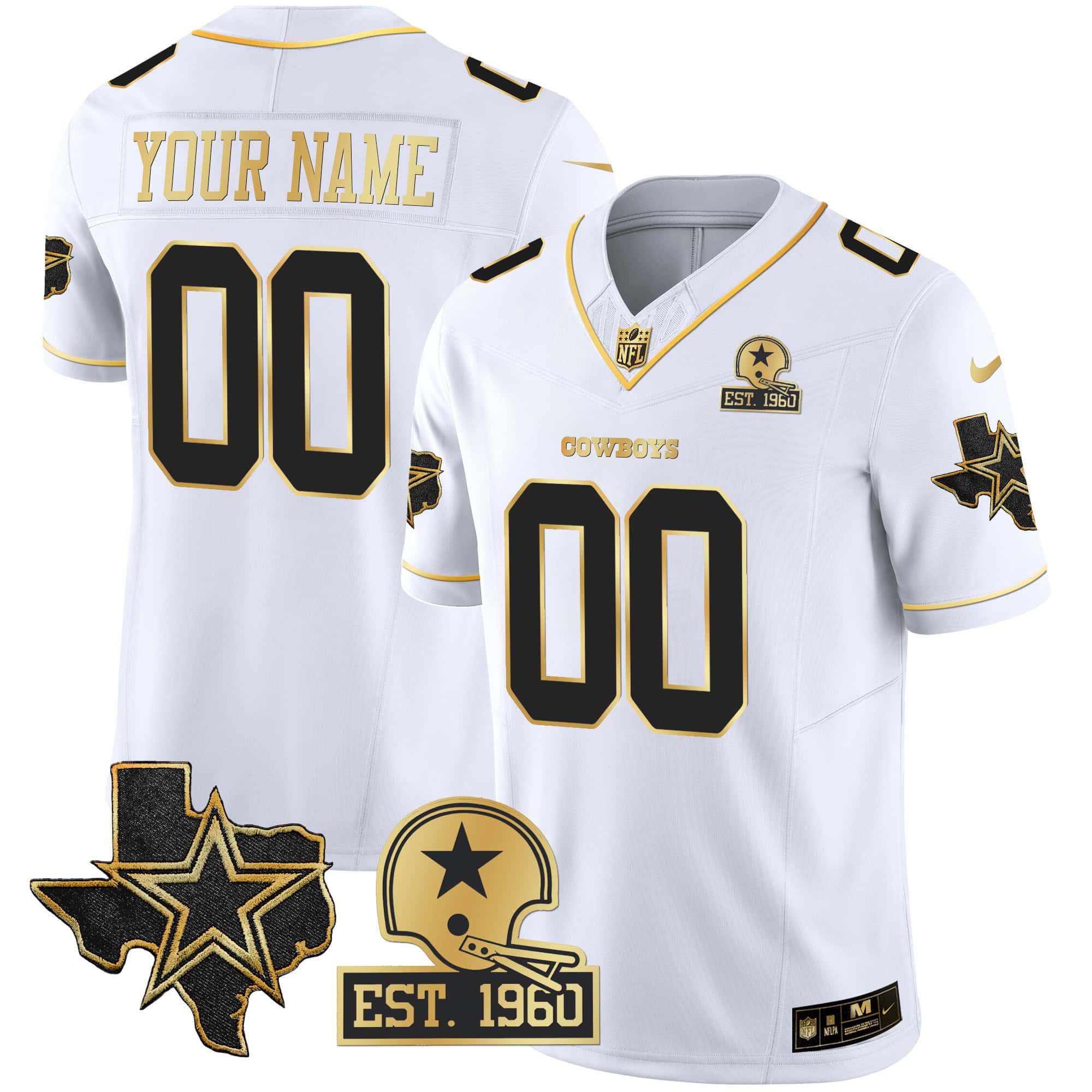 Men Dallas Cowboys White Gold 2024 Nike Patch Vapor Custom NFL Jersey